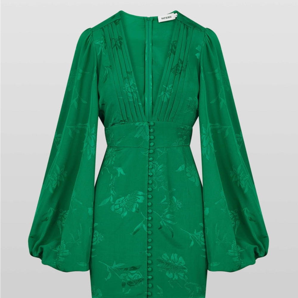 Rat & Boa Green Ruched Sheath Dress with Bishop Sleeves